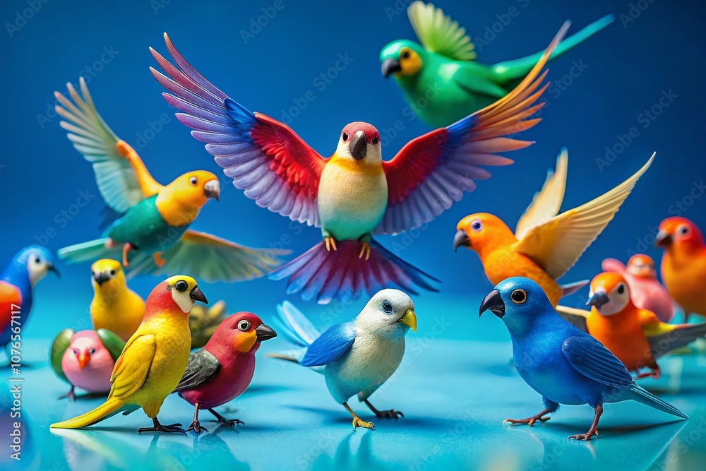 Vibrant Animated Birds Playfully Perched on a Bright Blue Surface in a Conceptual Photography Scene Captivating Nature Lovers and Art Enthusiasts Alike Vibrant Animated Birds Playfully Perched on a Bright Blue Surface in a Conceptual Photography Scene Captivating Nature Lovers and Art Enthusiasts Alike