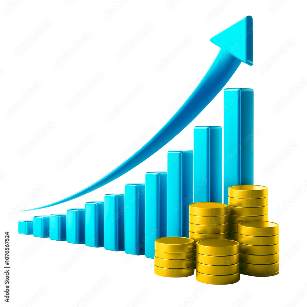 Growing bar chart with upward arrow and stacked coins cut out. Growing bar chart with upward arrow and stacked coins cut out.