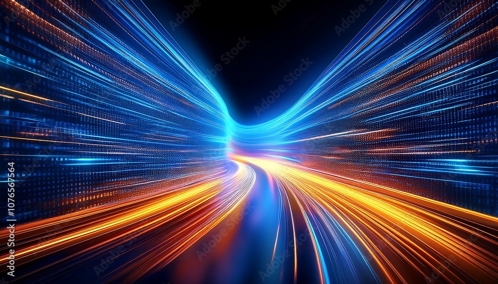 A digital tunnel of glowing blue and orange data streams streaks into a dark background, suggesting rapid data flow and futuristic technology A digital tunnel of glowing blue and orange data streams streaks into a dark background, suggesting rapid data flow and futuristic technology