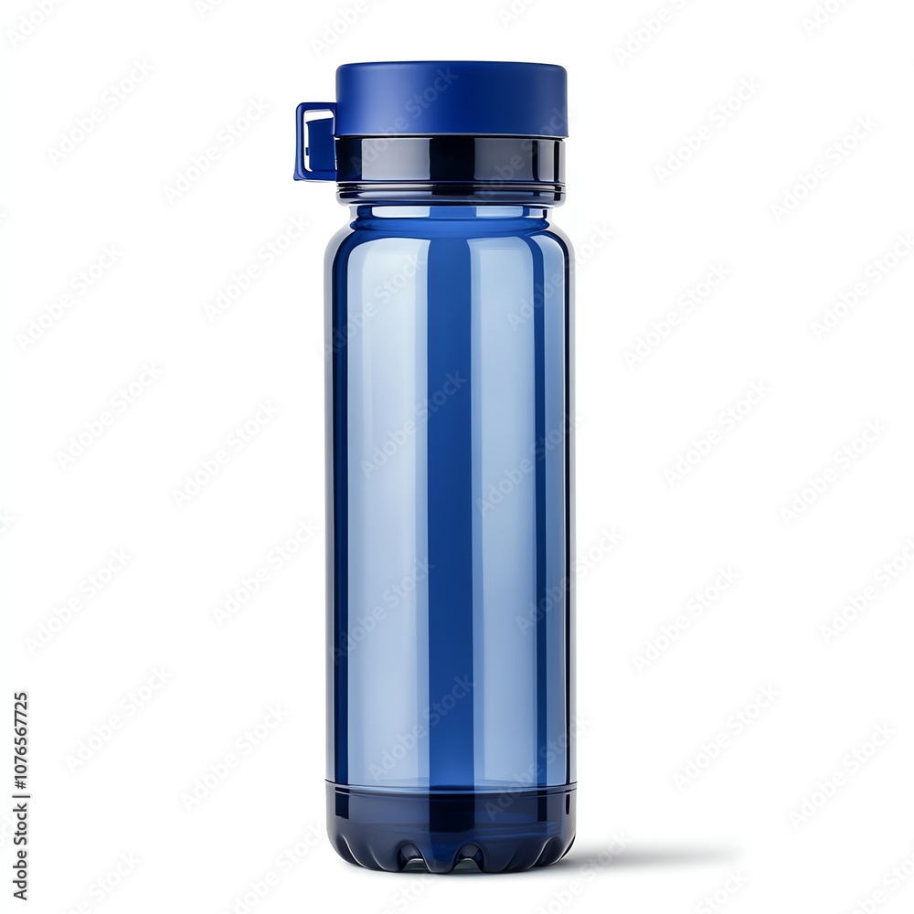 Hydration-focused plastic bottle featuring a blue top, practical and environmentally friendly, on a minimalist white backdrop Hydration-focused plastic bottle featuring a blue top, practical and environmentally friendly, on a minimalist white backdrop