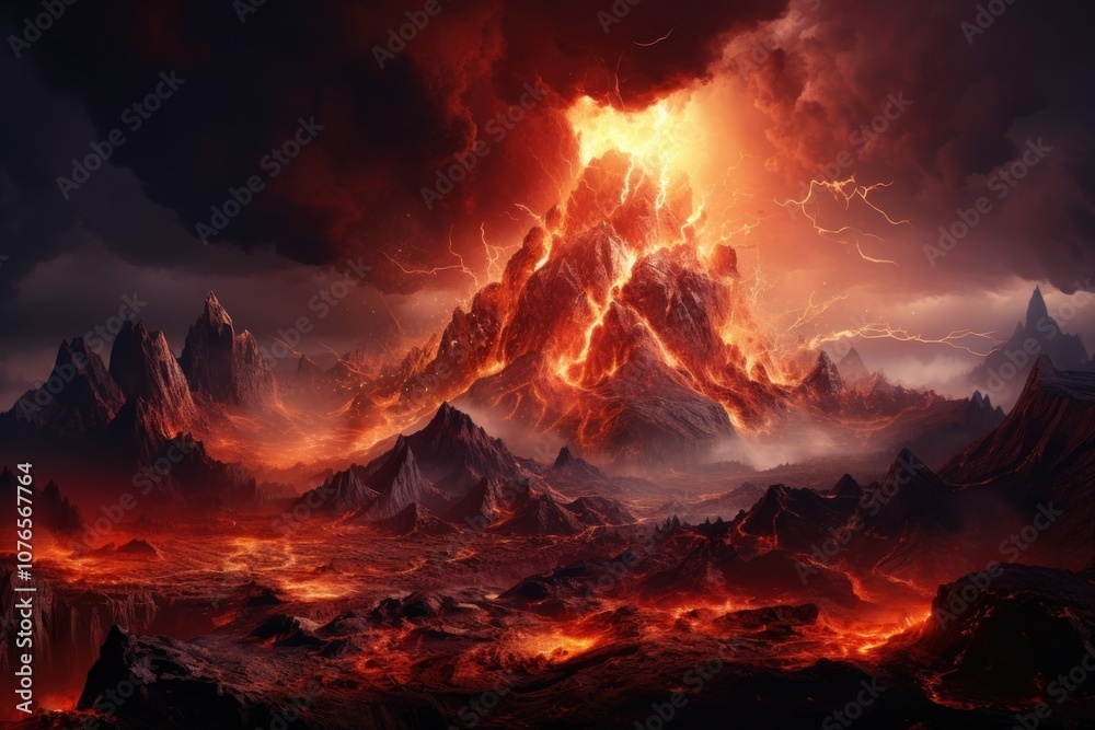 Volcanic eruption on a rocky planet lava mountain outdoors. Volcanic eruption on a rocky planet lava mountain outdoors.
