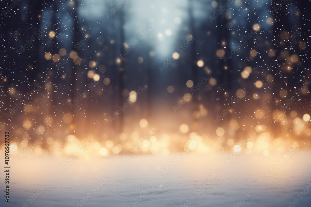 Bosque iluminado desenfocado mientras nieva. Bosque iluminado desenfocado mientras nieva.