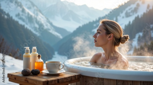 A young woman takes a bath outdoors at a mountain spa resort. Steam rises from the water. In the background - snow-capped mountain peaks.