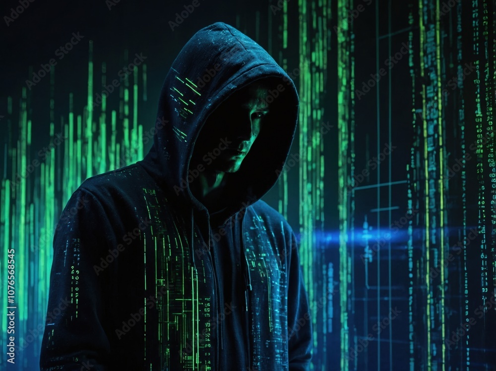 A hacker in a hoodie, surrounded by digital data streams, representing cybersecurity, coding, and the digital world in a dynamic, tech-focused setting A hacker in a hoodie, surrounded by digital data streams, representing cybersecurity, coding, and the digital world in a dynamic, tech-focused setting
