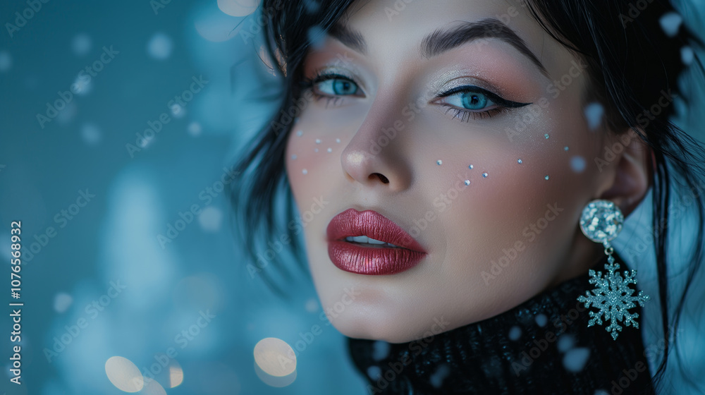 Portrait of a beautiful woman in winter makeup, with snowflake earrings, on a winter decoration background. Beauty background with snow and ice. Christmas and winter cosmetics and shopping concept. Portrait of a beautiful woman in winter makeup, with snowflake earrings, on a winter decoration background. Beauty background with snow and ice. Christmas and winter cosmetics and shopping concept.