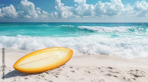 A surfboard rests on a sandy beach with turquoise waves and a bright sky.