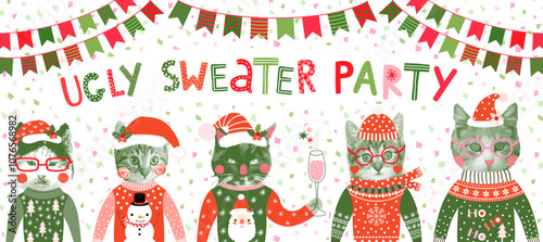 Cute Ugly Christmas Sweater Banner with Fun Hipster Cats with Santa Hats, Glasses and Hats in Red and Green, Halftone Collage Style