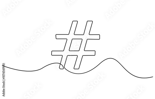 Hashtag symbol. One line continuous Hashtag. Line art, outline, single line silhouette, Continuous one line drawing of a number sign. Single line hashtag symbol icon