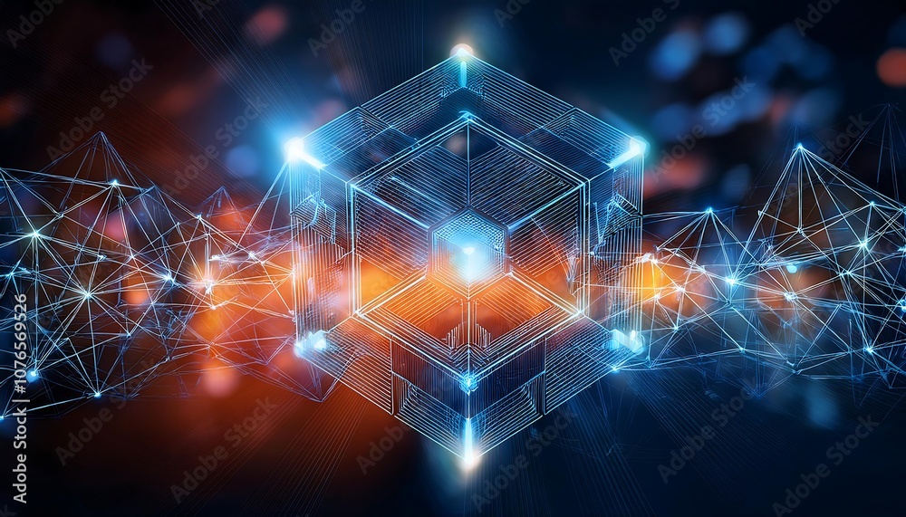 Obraz premium Connected lines and dots form glowing blue and orange cubes on a blurred dark background.