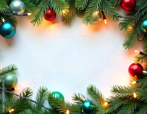 A festive Christmas blank frame with pine branches, ornaments, and string lights on a white background