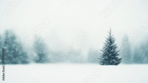 Solitary Snow-Covered Pine Tree in Misty Winter Landscape