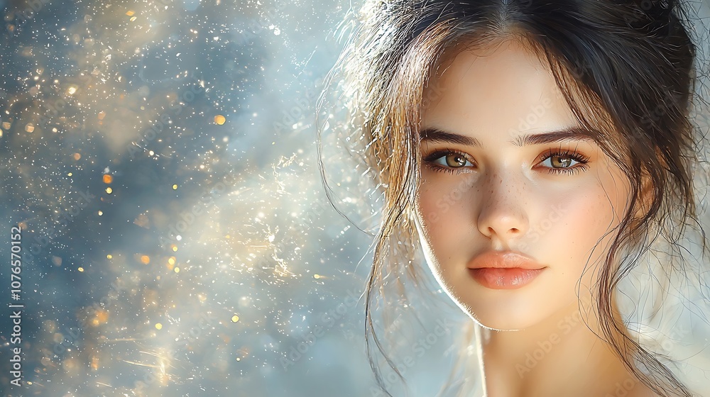 The painting depicts a woman with sharp features, high cheekbones, and piercing eyes, bathed in natural light that creates a soft glow and highlights her elegant beauty. The painting depicts a woman with sharp features, high cheekbones, and piercing eyes, bathed in natural light that creates a soft glow and highlights her elegant beauty.