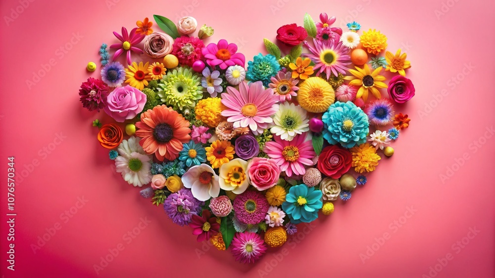 Vibrant Floral Heart on Pink Background - A Panoramic View of Nature's Beauty Captured in Generative AI Imagery for Wall Art and Digital Decor Vibrant Floral Heart on Pink Background - A Panoramic View of Nature's Beauty Captured in Generative AI Imagery for Wall Art and Digital Decor