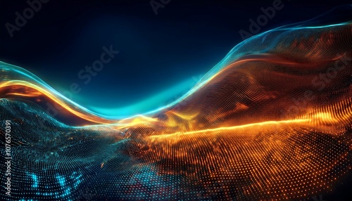Luminous orange and teal waves of light and particles flow across a dark background, creating a dynamic abstract digital landscape.