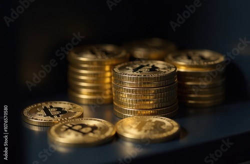 Stacks of bitcoin gold coins in the safe box, close-up