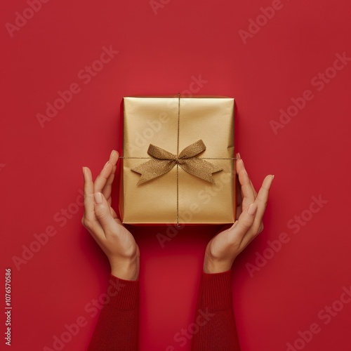 Topdown view , aerial view of a woman s hands holding gift box A person is holding a gold wrapped gift box with a bow on it. Concept of excitement and anticipation, as the person is about to give the  photo