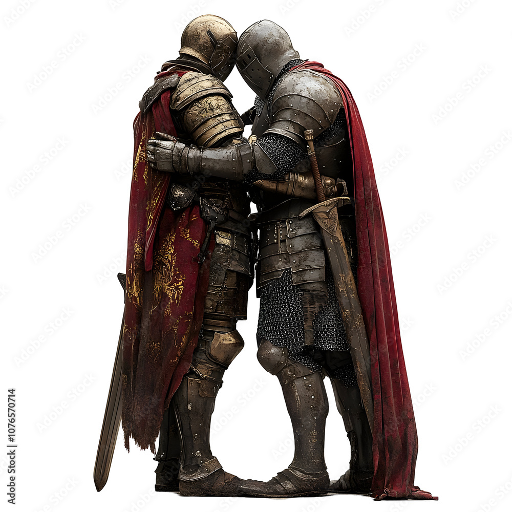 Two Medieval Knights in Full Armor Embracing, Isolated on Transparent Background Two Medieval Knights in Full Armor Embracing, Isolated on Transparent Background