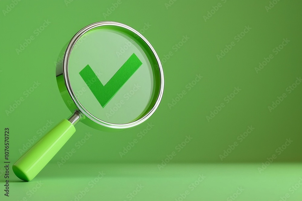 A magnifier focuses on a green checkmark at a clean colored background A magnifier focuses on a green checkmark at a clean colored background