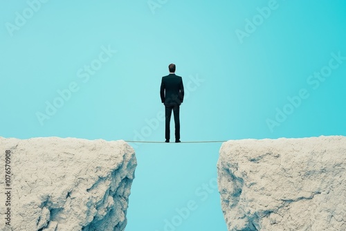 A businessperson stands confidently on a narrow path between two cliffs, symbolizing risk-taking and decision-making in a vast, serene landscape.