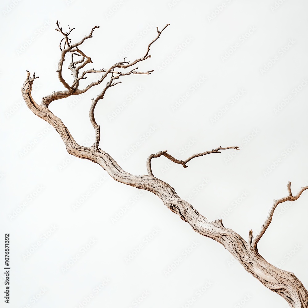 A single dry branch from a tree, centered against a pure white background A single dry branch from a tree, centered against a pure white background