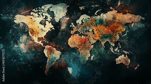 The world map, made in an artistic style with texture and deep shades, combines elements of art and geography, creating an atmosphere of mystery.