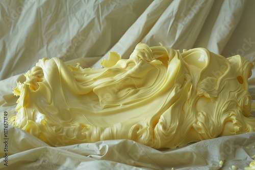 Large amount of fresh yellow butter forming abstract shapes on a white cloth photo