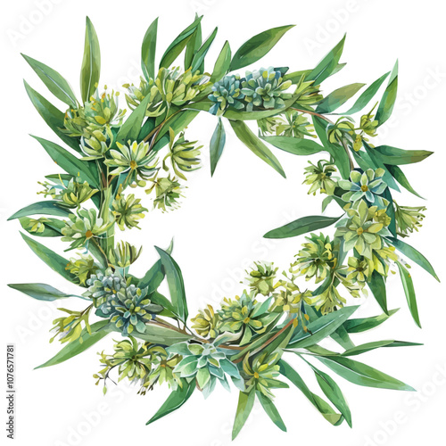 Eucalyptus flower wreath Floral bouquet Watercolor, Watercolor eucalyptus bouquet set collection. Illustration isolated on white background. Greenery branches and jasmine flowers clipart.