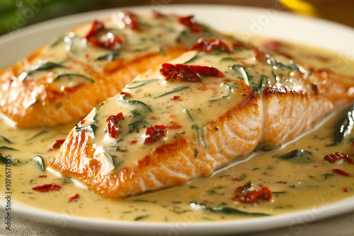 A Plate of Creamy Tuscan Salmon with Spinach and Sun-Dried Tomatoes, Served in a Light Garlic Cream Sauce, Food Photography, Food Menu Photo Image