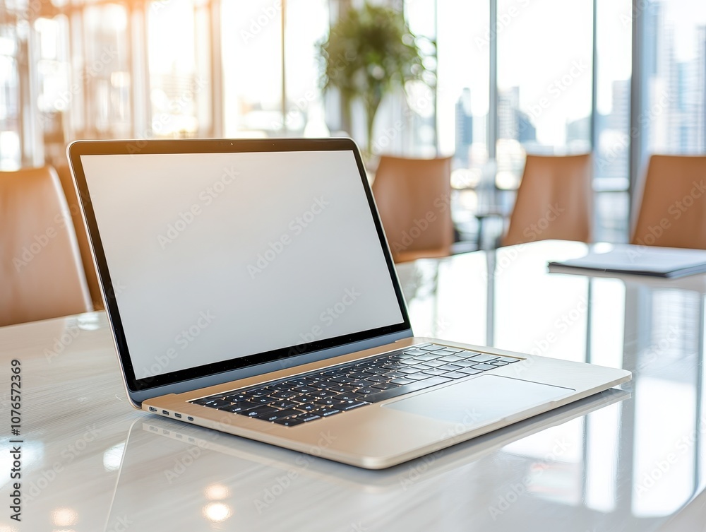 Fototapeta premium A sleek laptop sits on a modern conference table, bathed in natural light from large windows, ideal for productive work sessions.