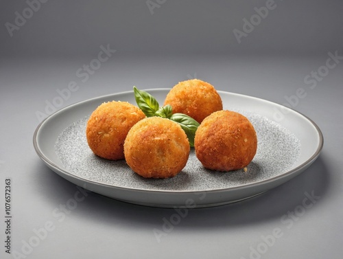 Arancini balls arranged on a matte, grey ceramic plate. photo