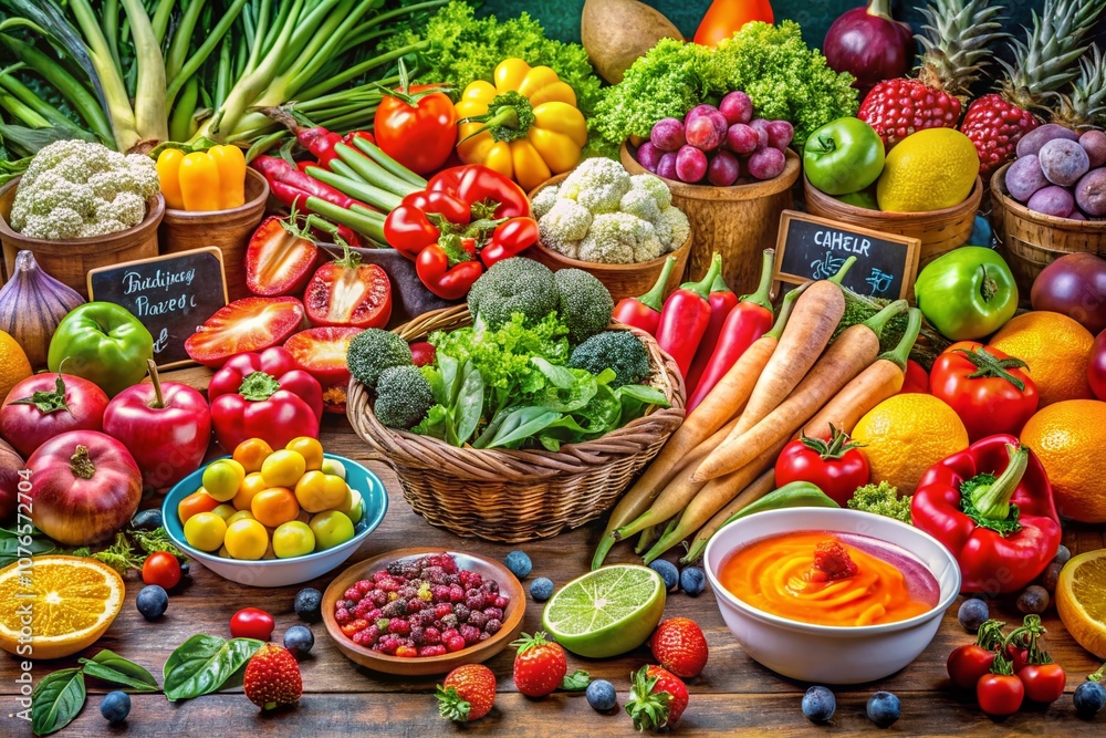 Vibrant Panoramic View of Fresh Fruits and Vegetables Displaying Inspirational Quotes on Healthy Diet Choices for Wellness and Nutrition Enthusiasts