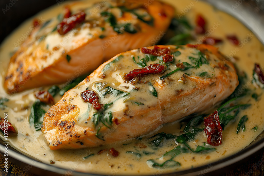 A Plate of Creamy Tuscan Salmon with Spinach and Sun-Dried Tomatoes, Served in a Light Garlic Cream Sauce, Food Photography, Food Menu Photo Image A Plate of Creamy Tuscan Salmon with Spinach and Sun-Dried Tomatoes, Served in a Light Garlic Cream Sauce, Food Photography, Food Menu Photo Image