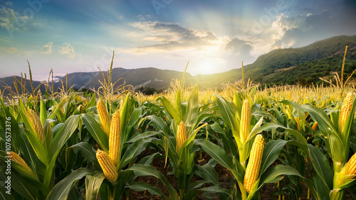 Corn cobs in corn plantation field.
