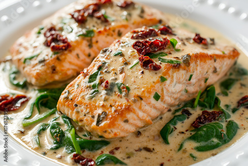 A Plate of Creamy Tuscan Salmon with Spinach and Sun-Dried Tomatoes, Served in a Light Garlic Cream Sauce, Food Photography, Food Menu Photo Image