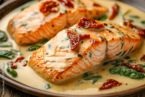 A Plate of Creamy Tuscan Salmon with Spinach and Sun-Dried Tomatoes, Served in a Light Garlic Cream Sauce, Food Photography, Food Menu Photo Image