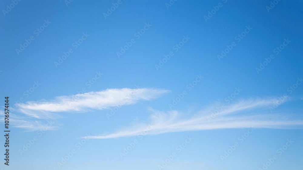 A tranquil blue sky with a few wispy stratus clouds stretching across the horizon, day, soft A tranquil blue sky with a few wispy stratus clouds stretching across the horizon, day, soft