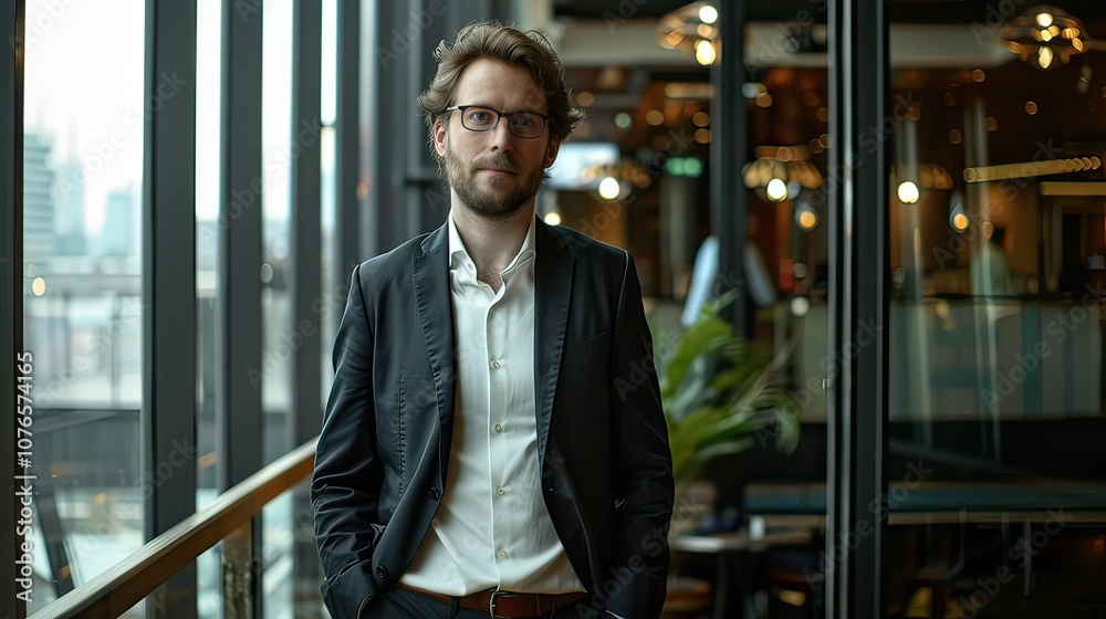 A professional businessman in a suit standing confidently in a modern office.