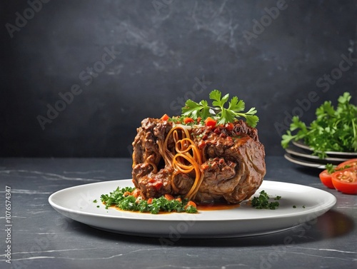 a single serving of Ossobuco, plated with a small garnish of parsley. photo