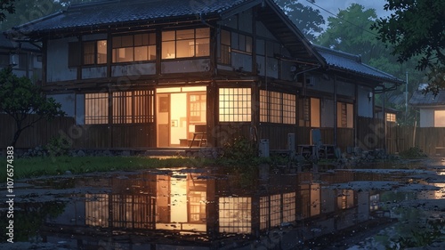 Tranquil Japanese House on Rainy Evening