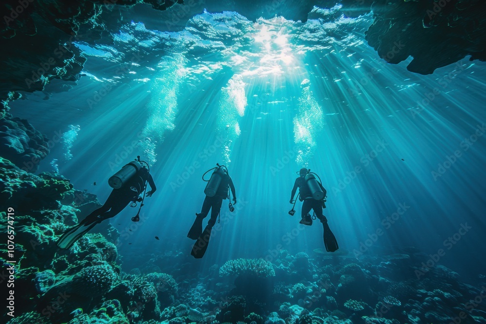 Fototapeta premium Marine Biologists Researching Underwater Coral Reefs