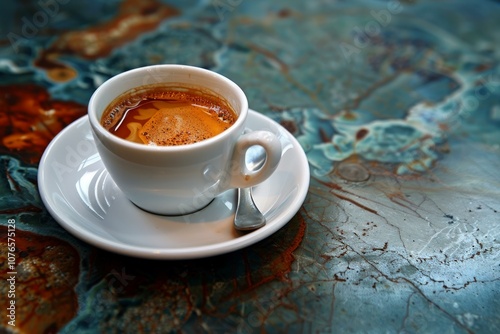 White cup full of coffee sitting on a colorful stone tabletop