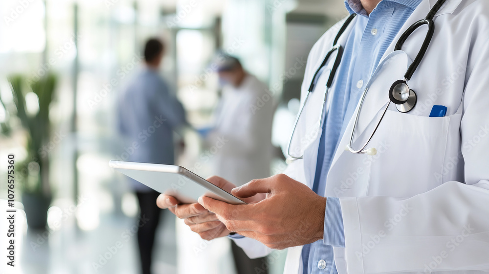 A male doctor working with a tablet, surrounded by other doctors, embodies the combination of traditional medicine and digital innovations to improve healthcare. A male doctor working with a tablet, surrounded by other doctors, embodies the combination of traditional medicine and digital innovations to improve healthcare.