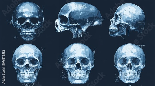 Blue collection of 7 vector skulls. You can use these pirate

 photo