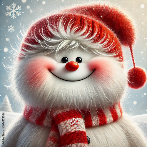 AI image of a comical snowman with a red scarf and a fluffy red hat!