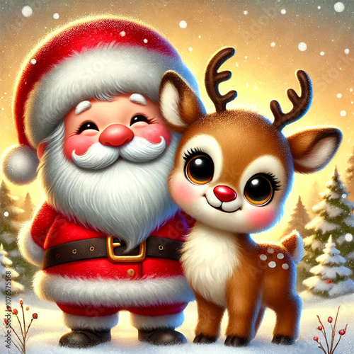 AI image - Cute, fluffy reindeer next to a cheerful Santa with rosy cheeks.