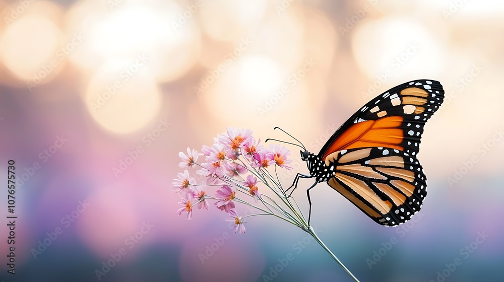 The vibrant monarch butterfly gracefully flutters against a stunning, colorful blurred background, its orange and black wings casting a striking contrast against the soft hues of pink, purple