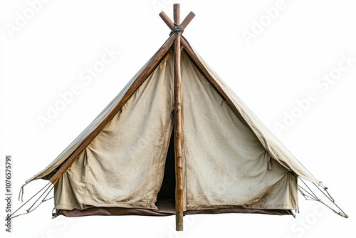 Canvas tent with wooden frame and ropes. photo