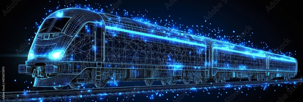 Futuristic High-Speed Train, Glowing Blue Wireframe Depiction, Transportation Technology