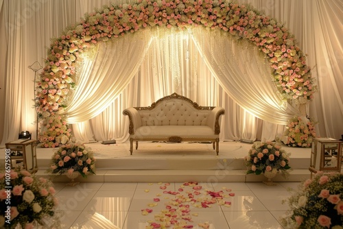 Ornate Wedding Ceremony Stage Decorated with Flowers and Drapes photo