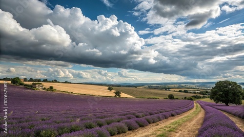 A vast expanse of lavender stretches out as far as the eye can see, backed by a backdrop of fluffy white and grey clouds that drift lazily across the sky, fields, clouds photo